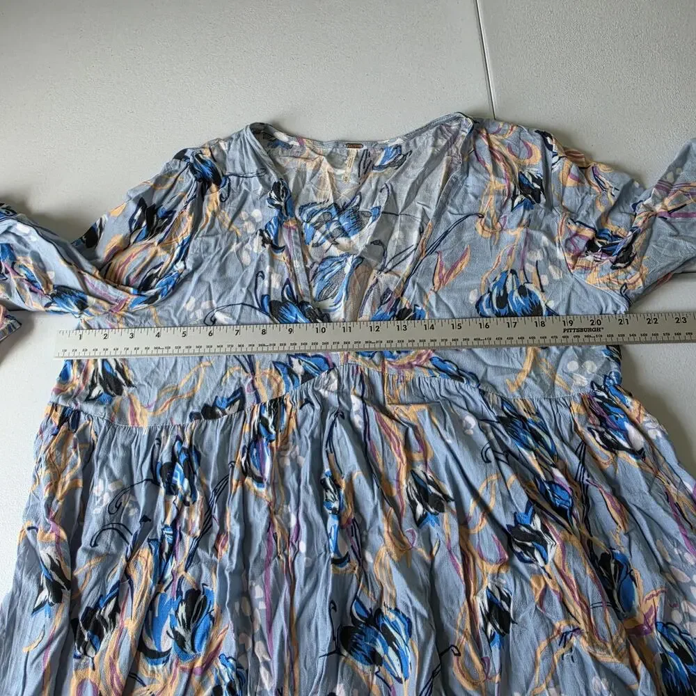 Free People Dress Womens M Blue Floral Boho Mini Swing Trapeze V Neck Fairy
